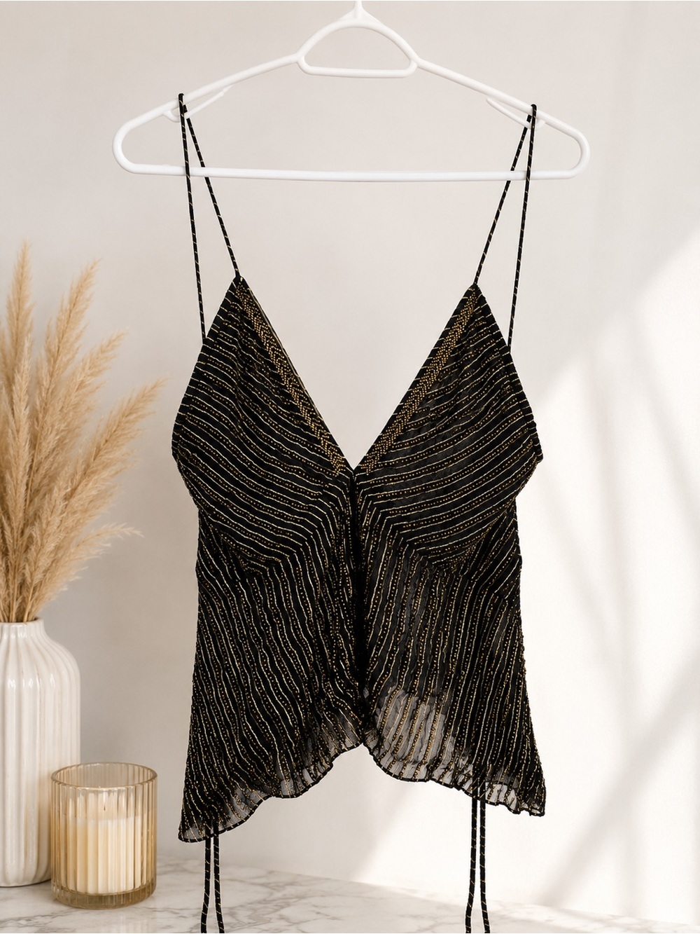 Zara Black Spaghetti Strap Metallic-Thread Cami
